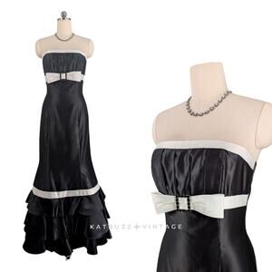 Vintage McClintock Prom Dress Maxi Gown 12 Black Mermaid Bow Coquette 90s Bow